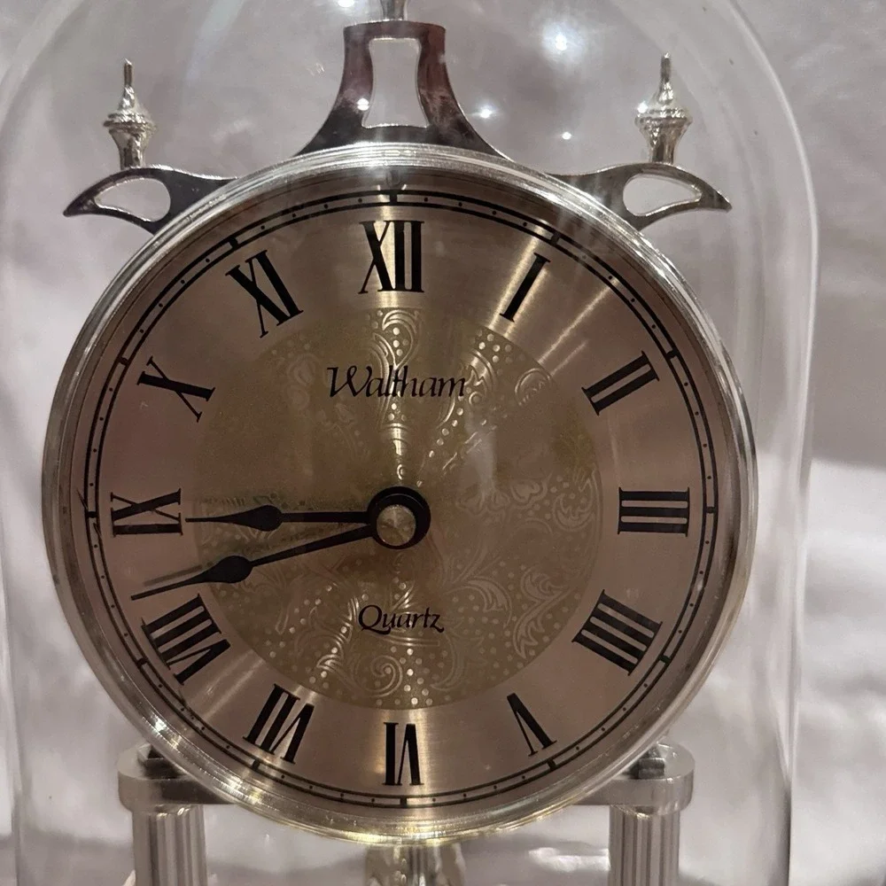 Vintage Waltham German Anniversary Clock Gold Tone Quartz Glass Dome Cover Works